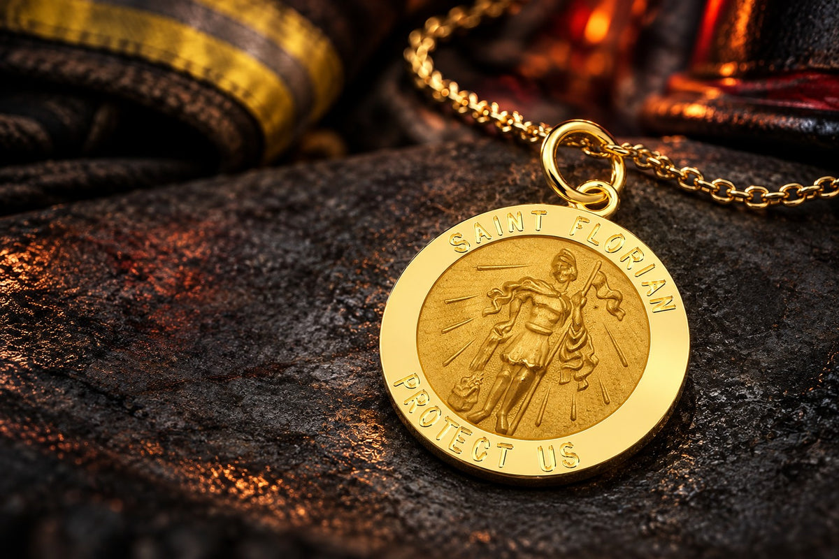 Gold Saint Florian Protect Us medal with firefighter turnout gear