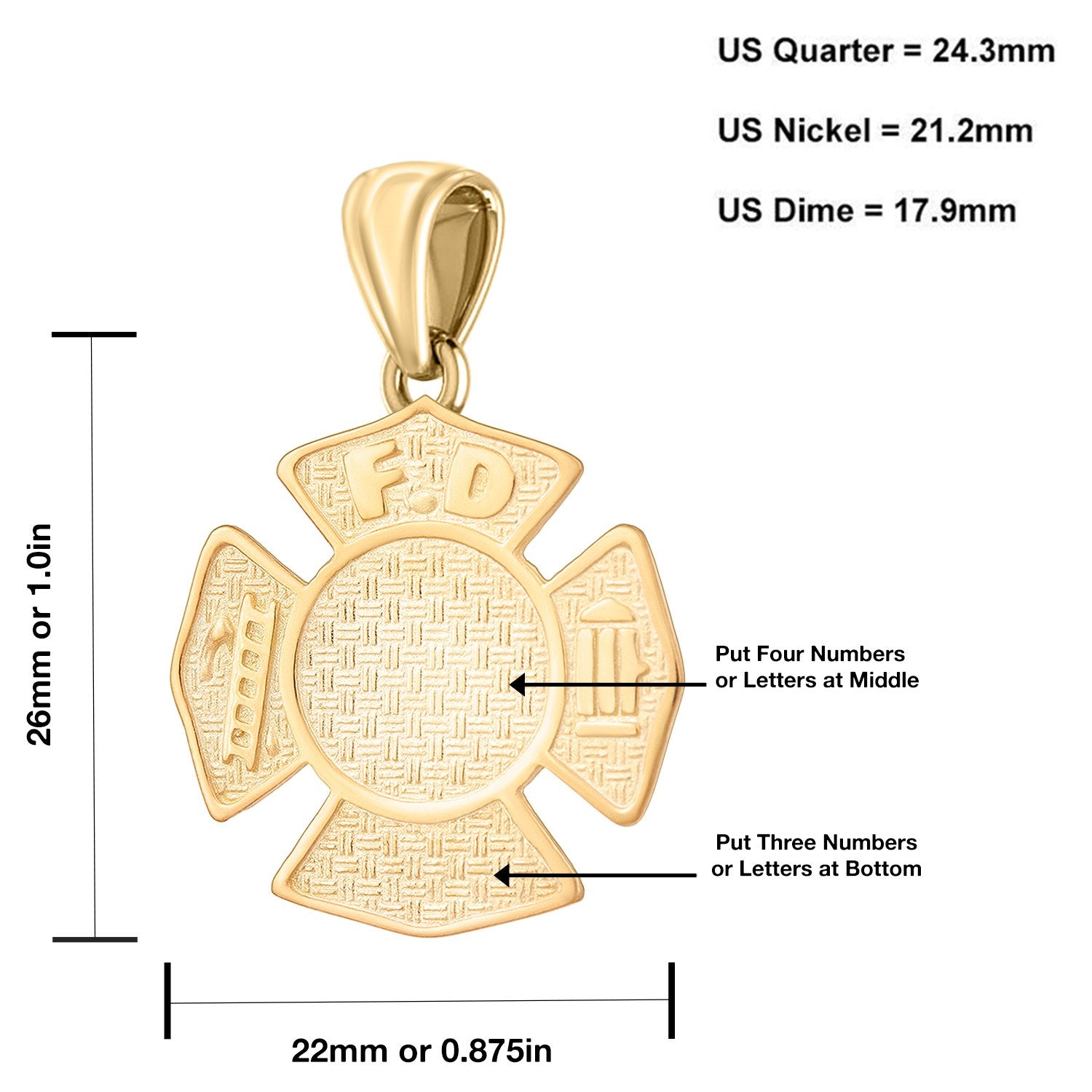 Firefighter Pendant of Gold for Ladies - Size Details