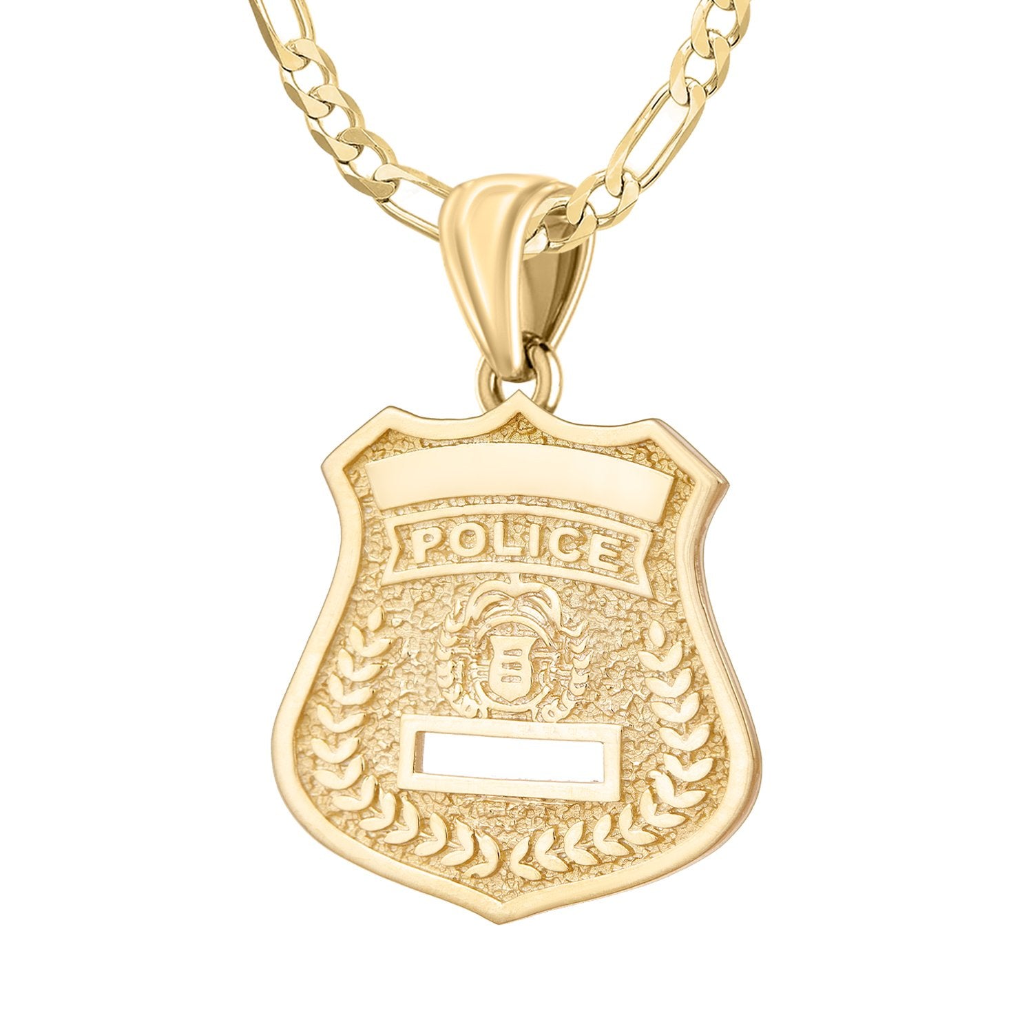 14K Gold Police Badge Necklace For Men - 2.8mm Figaro Chain
