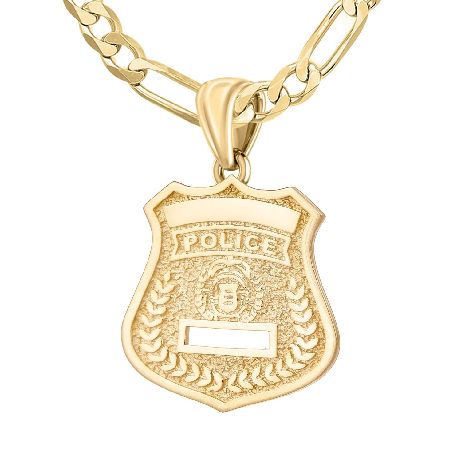 14K Gold Police Badge Necklace For Men - 4.4mm Figaro Chain
