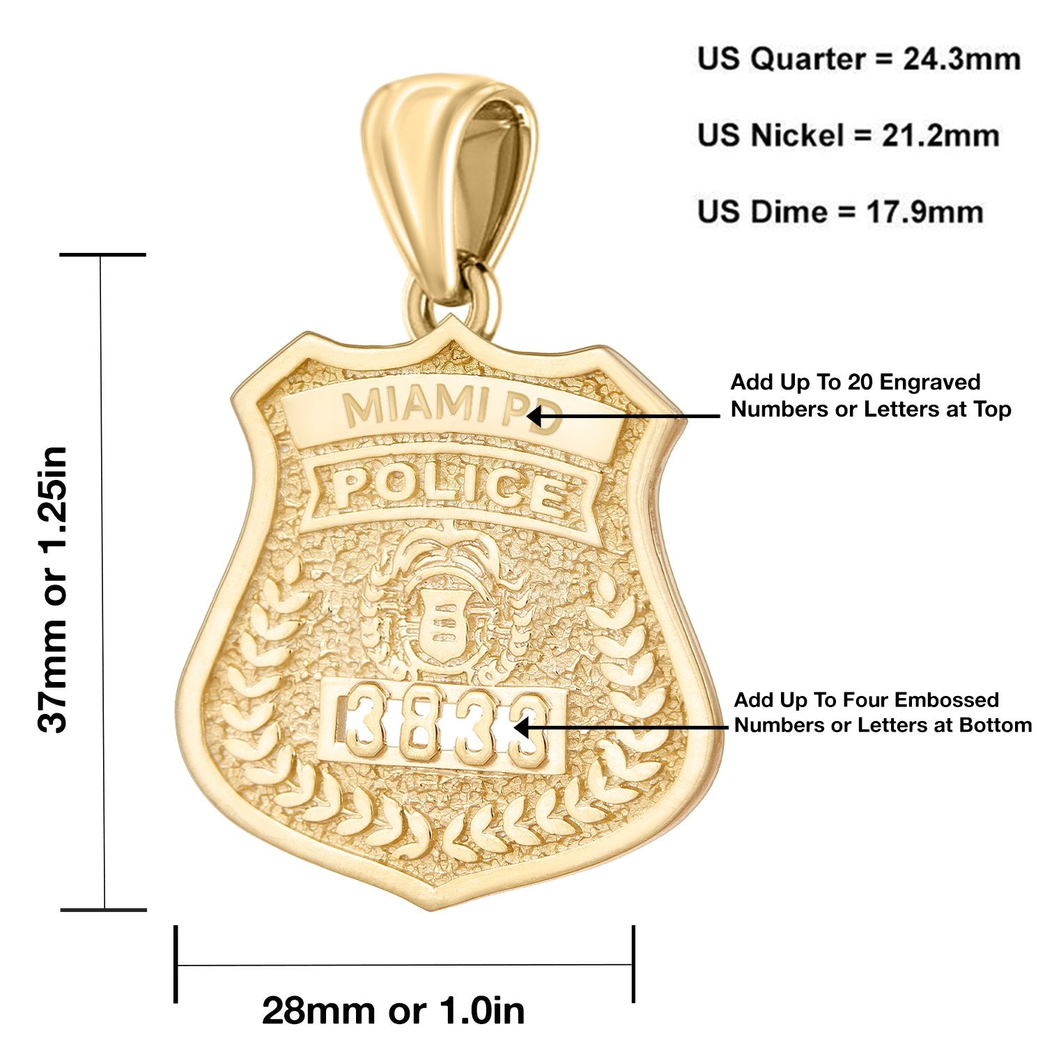 14K Gold Police Badge Necklace For Men - Size Details