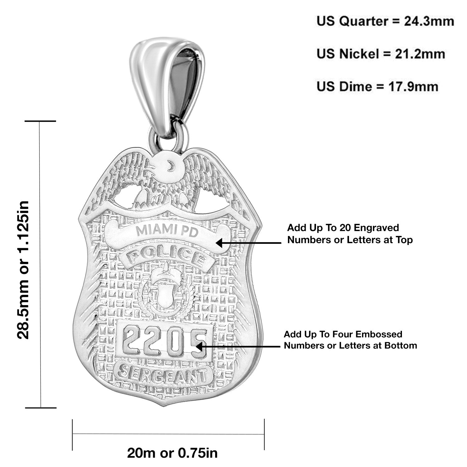 Silver Police Badge Necklace For Men - Sizing Details