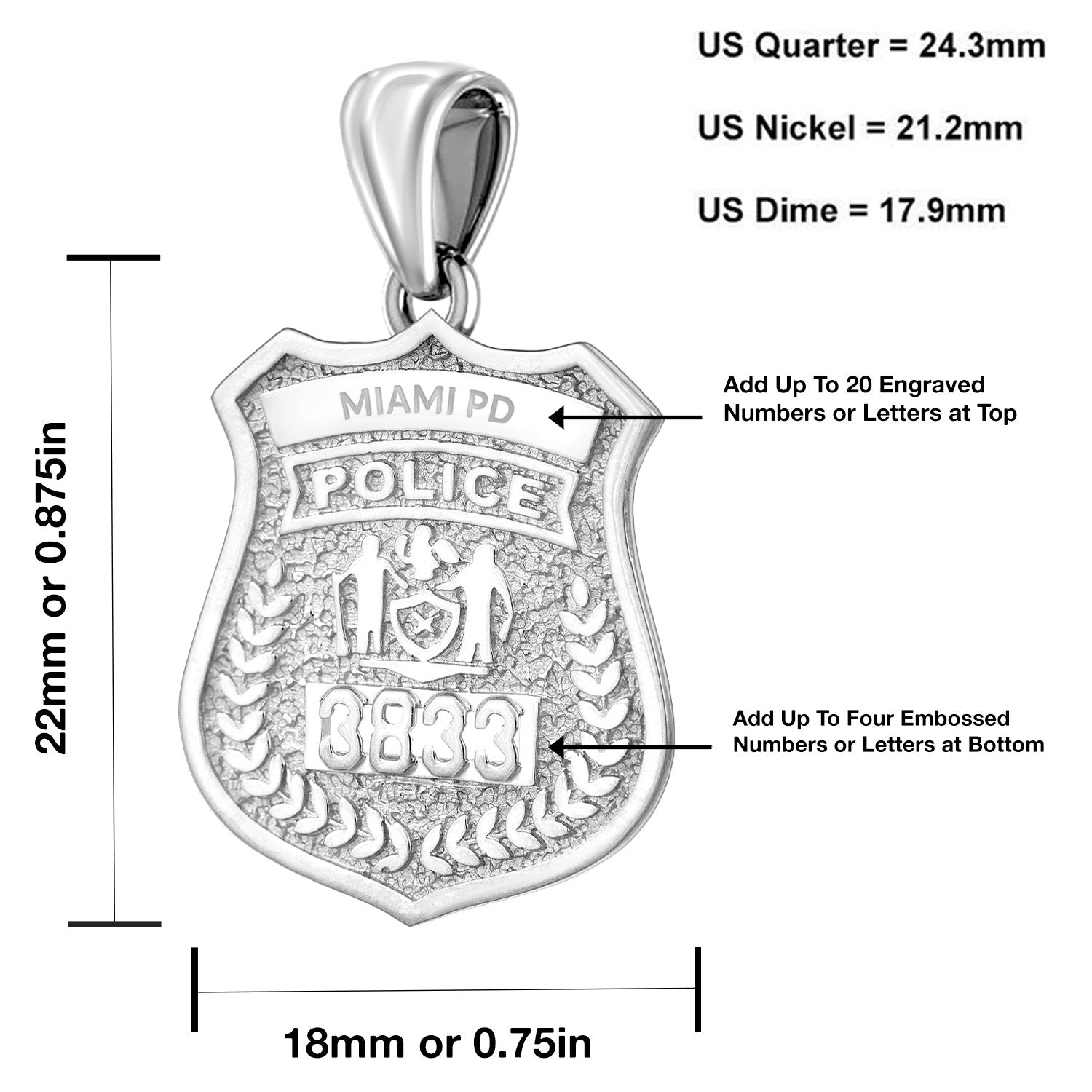 Silver Police Badge Necklace For Women - Size Details