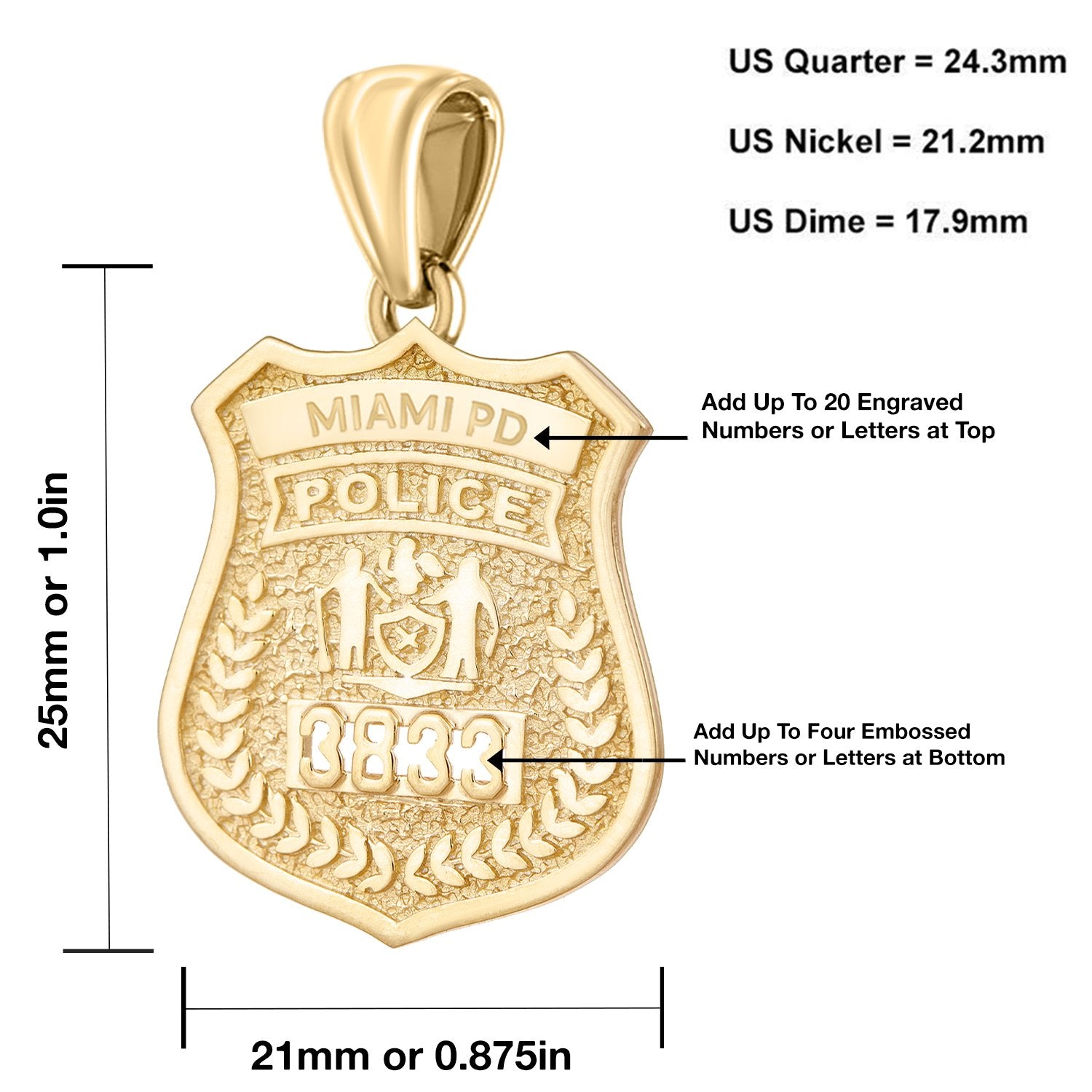 Gold Police Badge Necklace With Chain - Size Details
