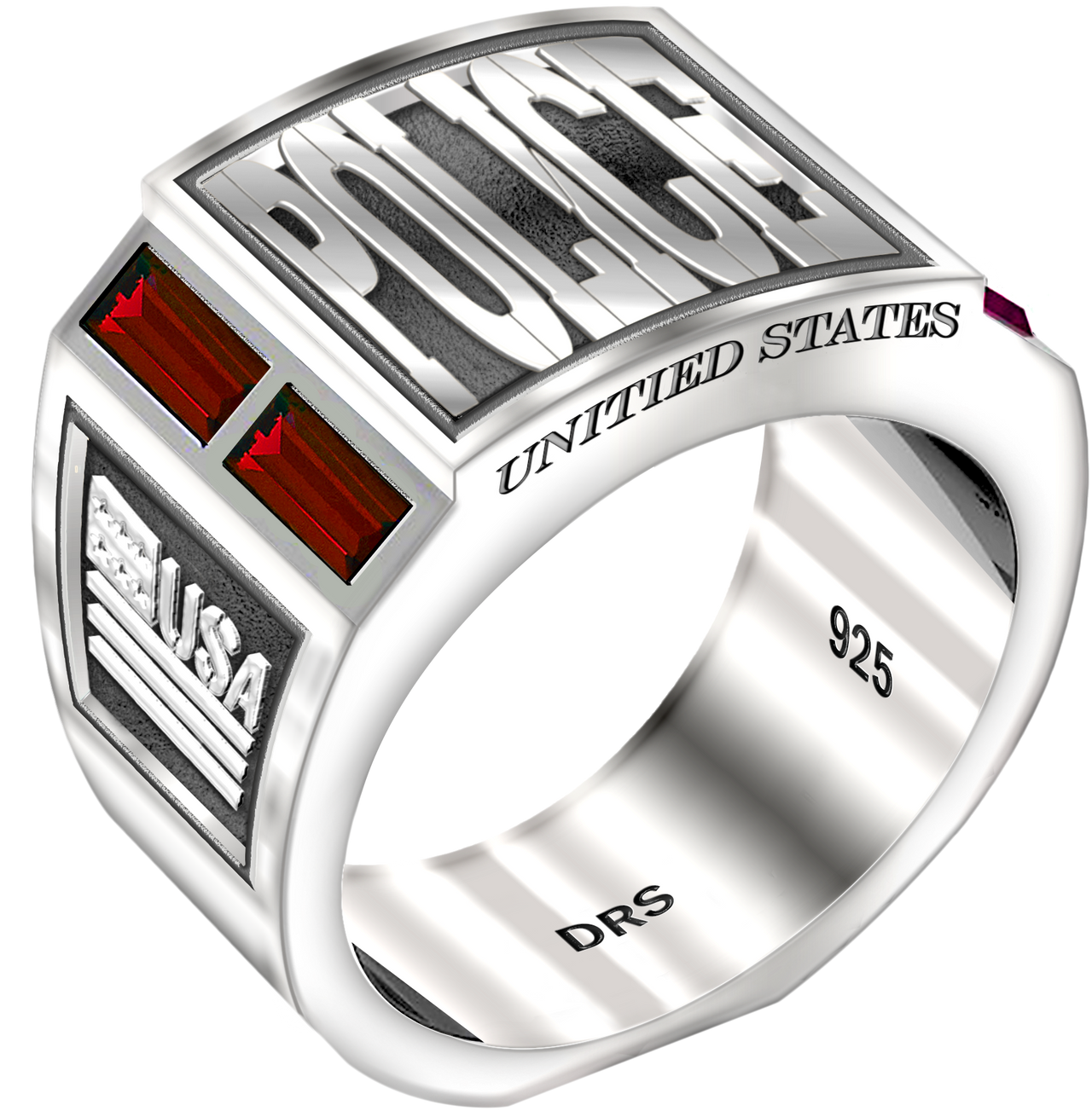 Men's 0.925 Sterling Silver Simulated Ruby Police Medical Ring