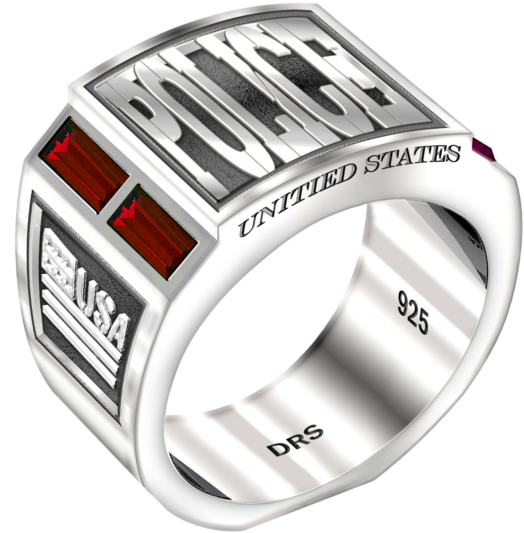 Men's 0.925 Sterling Silver Simulated Ruby Police Medical Ring