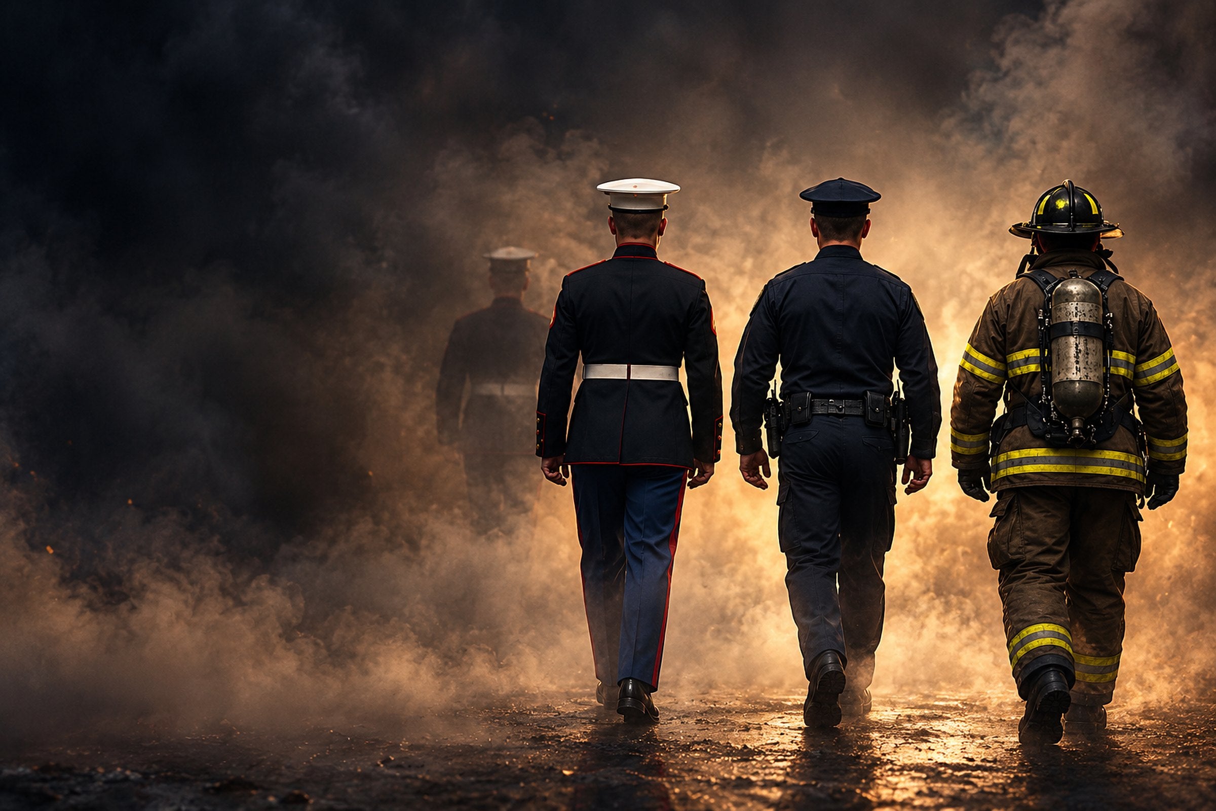 A U.S. Marine in dress blues, a police officer and a firefighter walking side by side through smoke