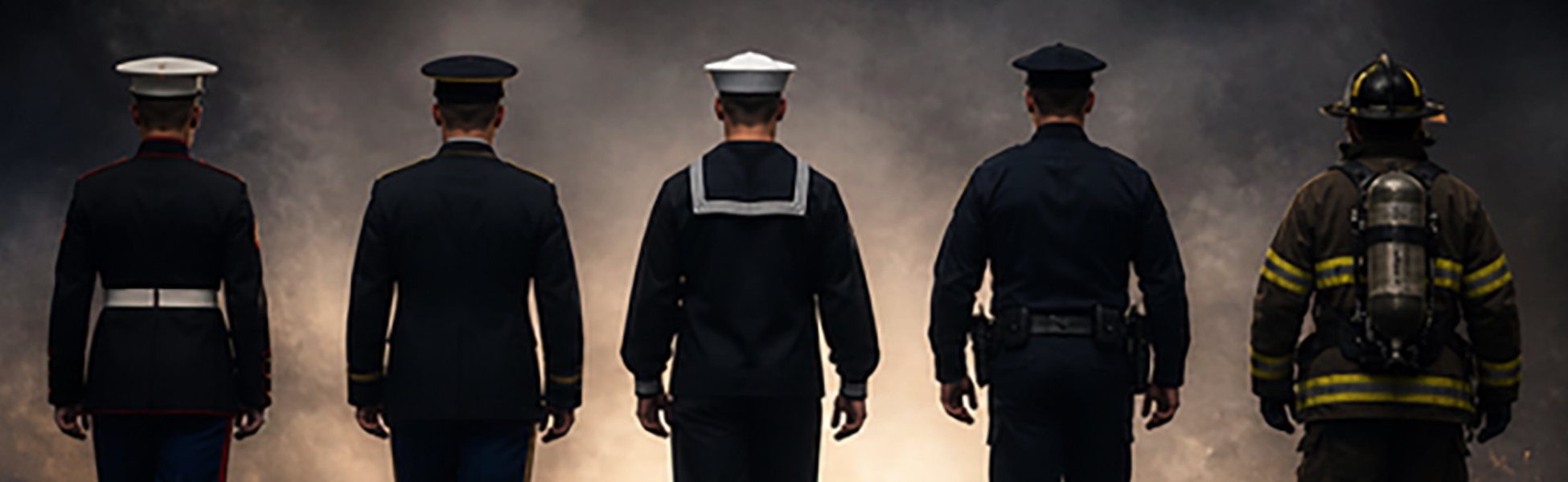 Service members in dress uniform and a firefighter walking side by side