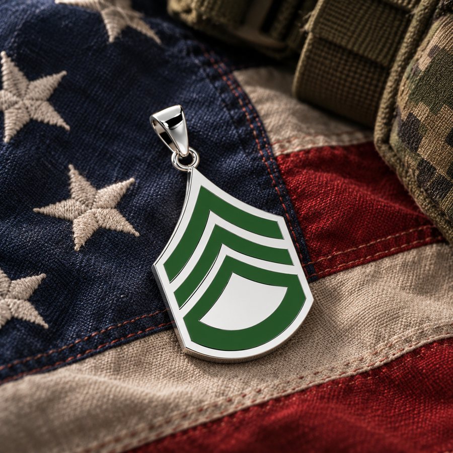 Army Staff Sergeant rank pendant in sterling silver and green enamel on an American flag