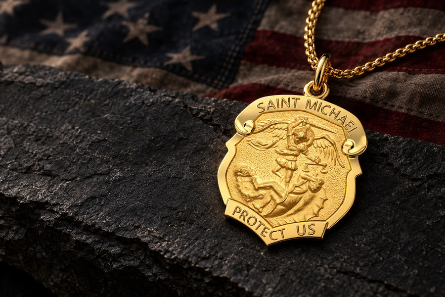 Gold Saint Michael Protect Us medal on dark stone with an American flag
