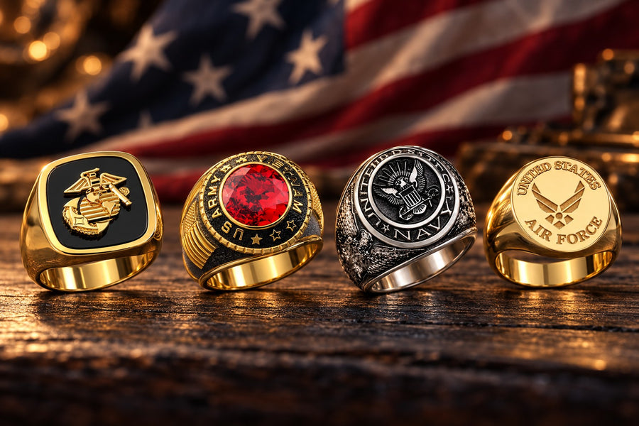 Marine Corps, Army, Navy and Air Force rings in a row with an American flag