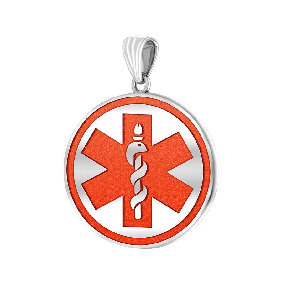 925 Sterling Silver Round Red Medical Pendant, 1 1/8 inch