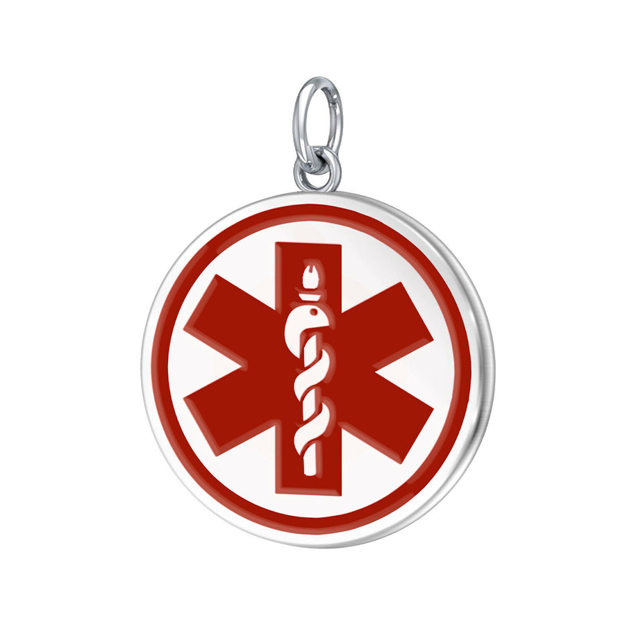 Ladies 925 Sterling Silver Round Red Medical Pendant, 5/8 inch
