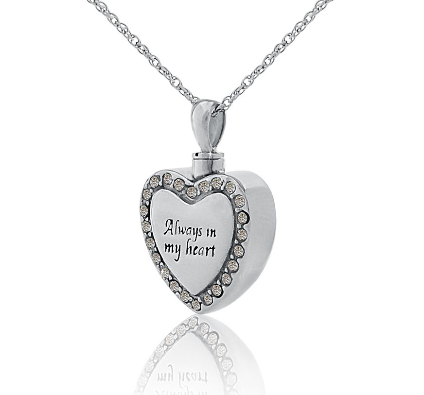 Stainless Steel Always In My Heart Pendant with White Stones and Necklace