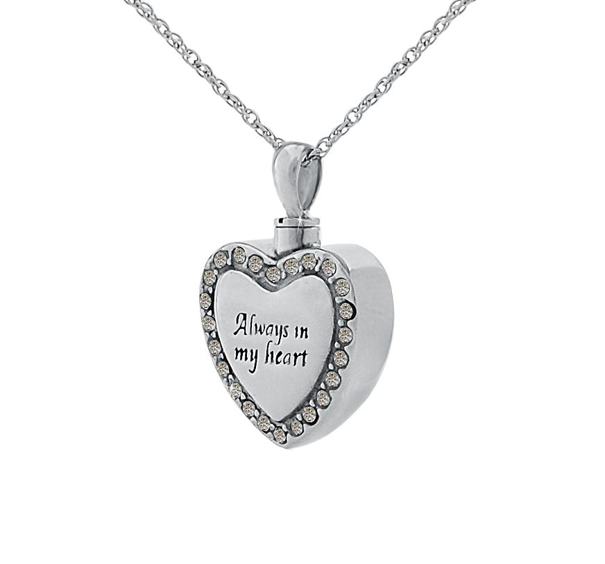 Stainless Steel Always In My Heart Pendant with White Stones and Necklace