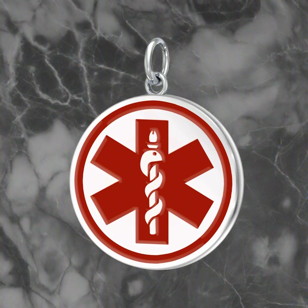 Ladies 925 Sterling Silver Round Red Medical Pendant, 5/8 inch