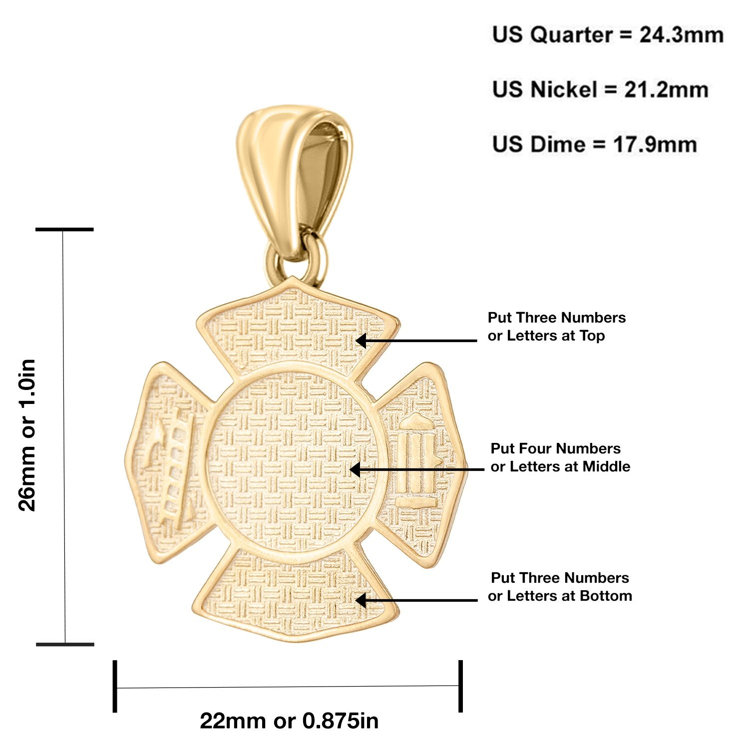Firefighter Pendant In 14K Gold - Sizing Details