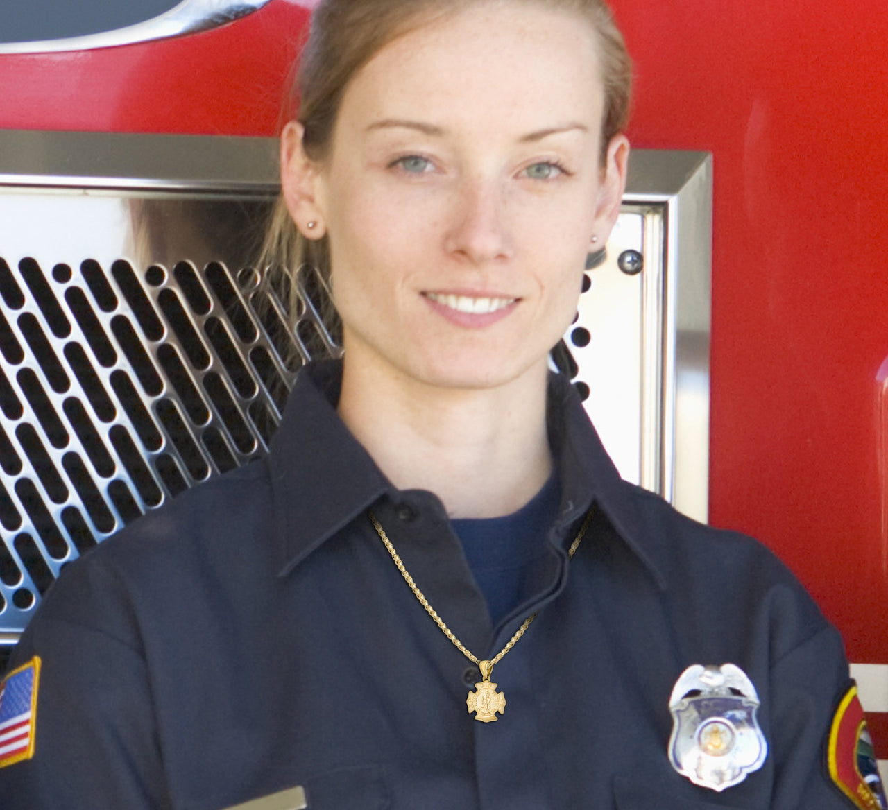 Firefighter Pendant In Gold With Chain - Worn by Lady