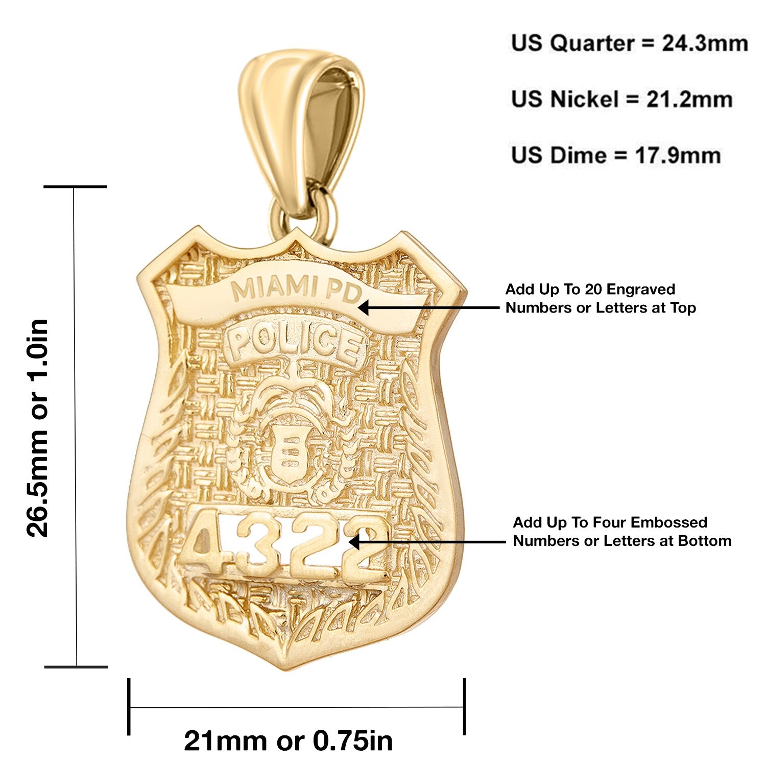 Police Badge Necklace In Gold of 26mm - Sizing Details