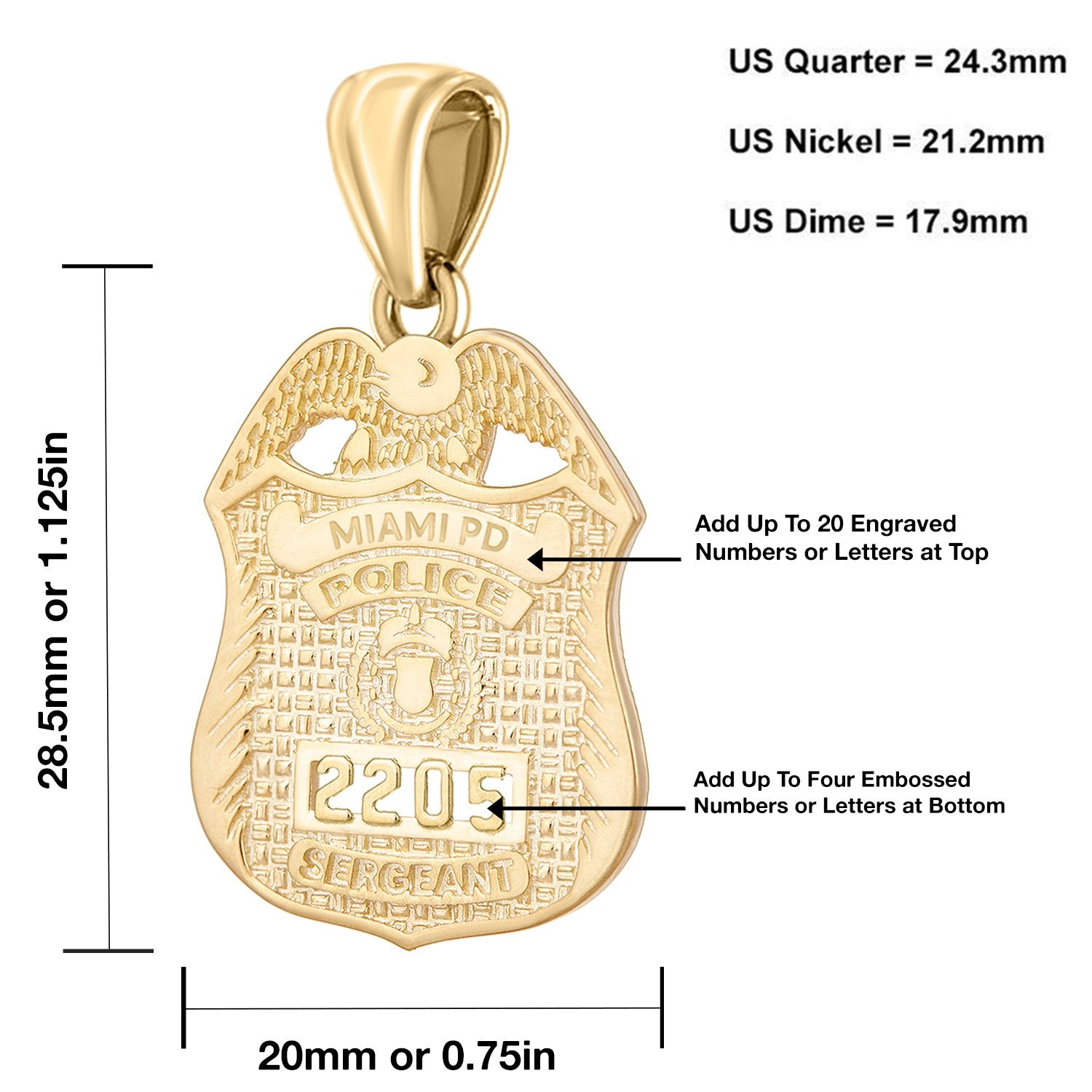 Police Badge Necklace In Gold For Men - Sizing Details