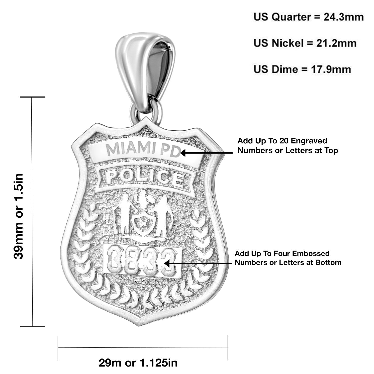 Police Badge Necklace In 925 Silver - Size Details