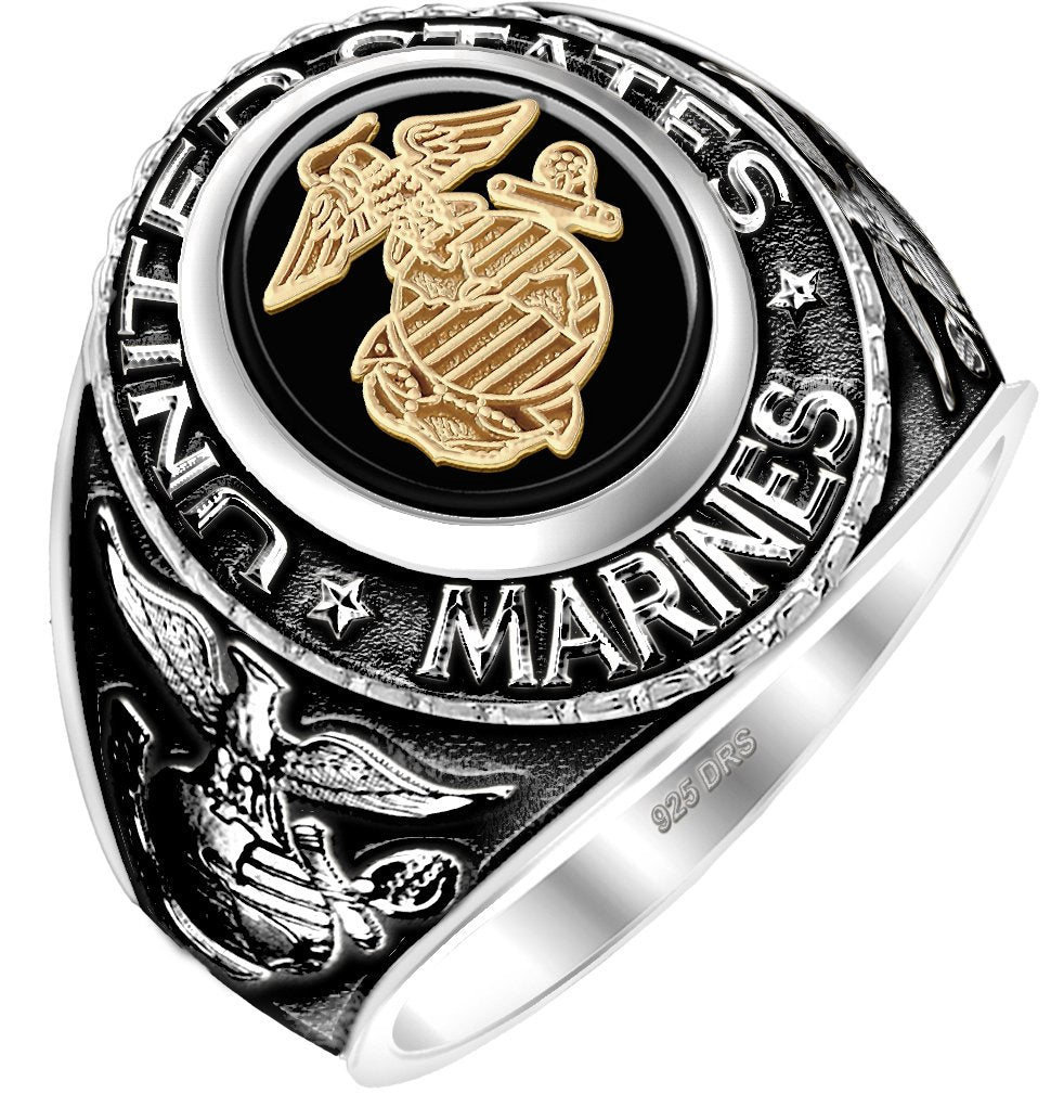 Antiqued Sterling Silver or Vermeil USMC Solid Ring in black color 