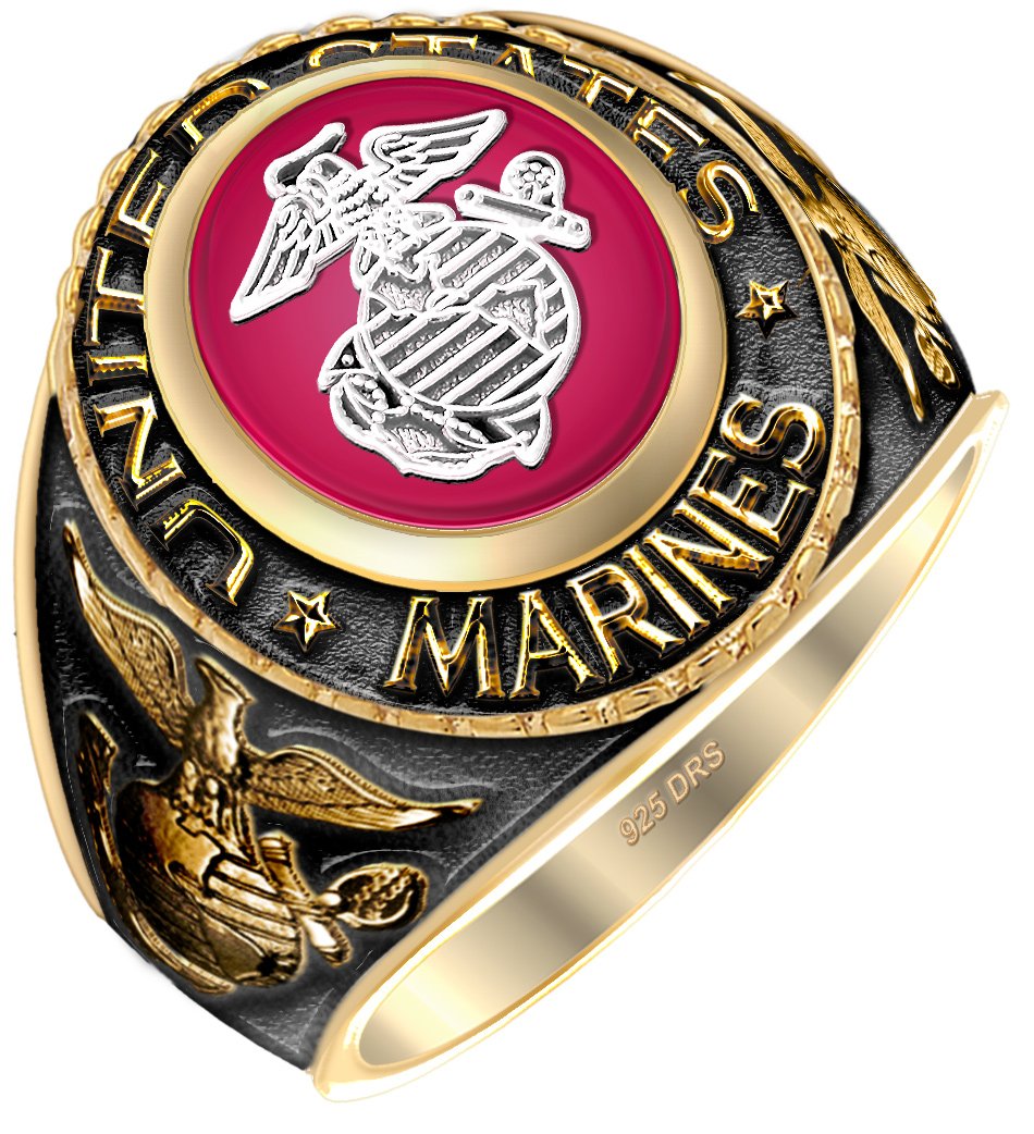 Antiqued Sterling Silver or Vermeil USMC Solid Ring in red color