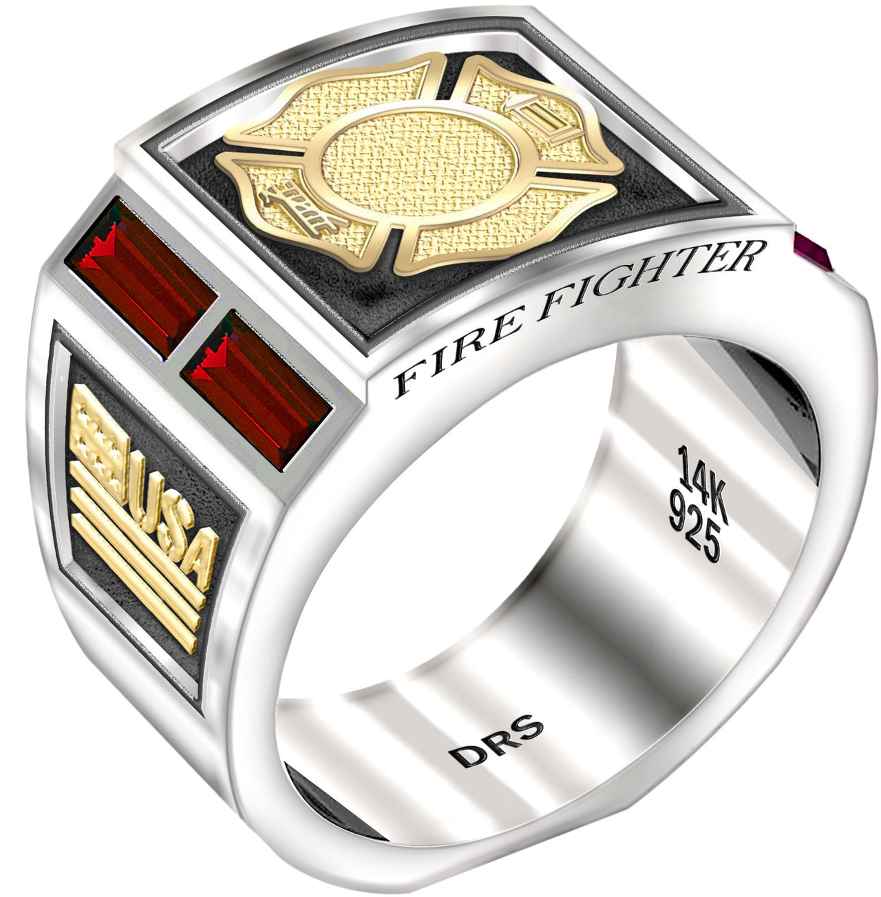 Gold Ruby Ring - Fire Fighter Ring Men's Two Tone 