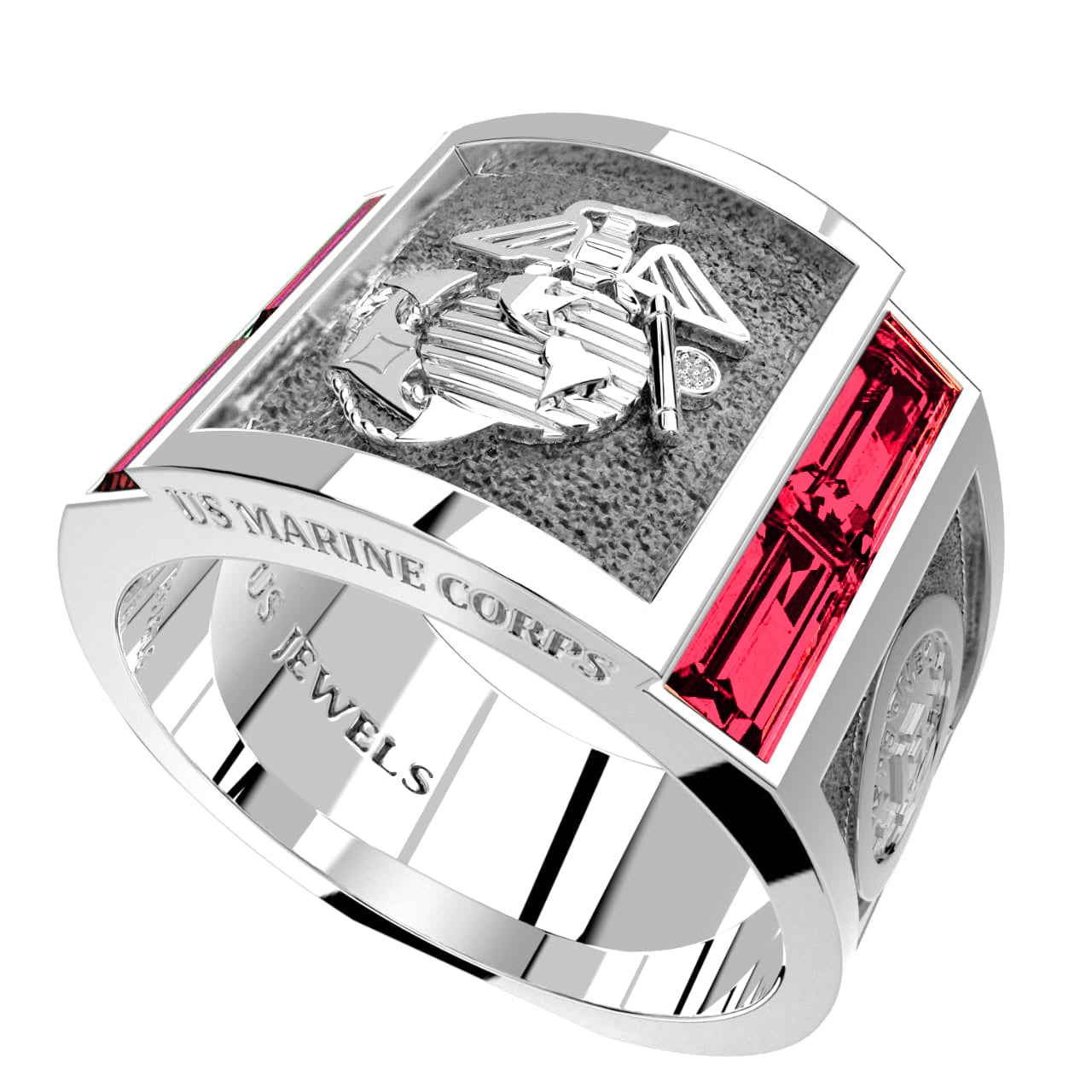 Men's 0.925 Sterling Silver Synthetic Ruby US Marine Corps USMC Ring
