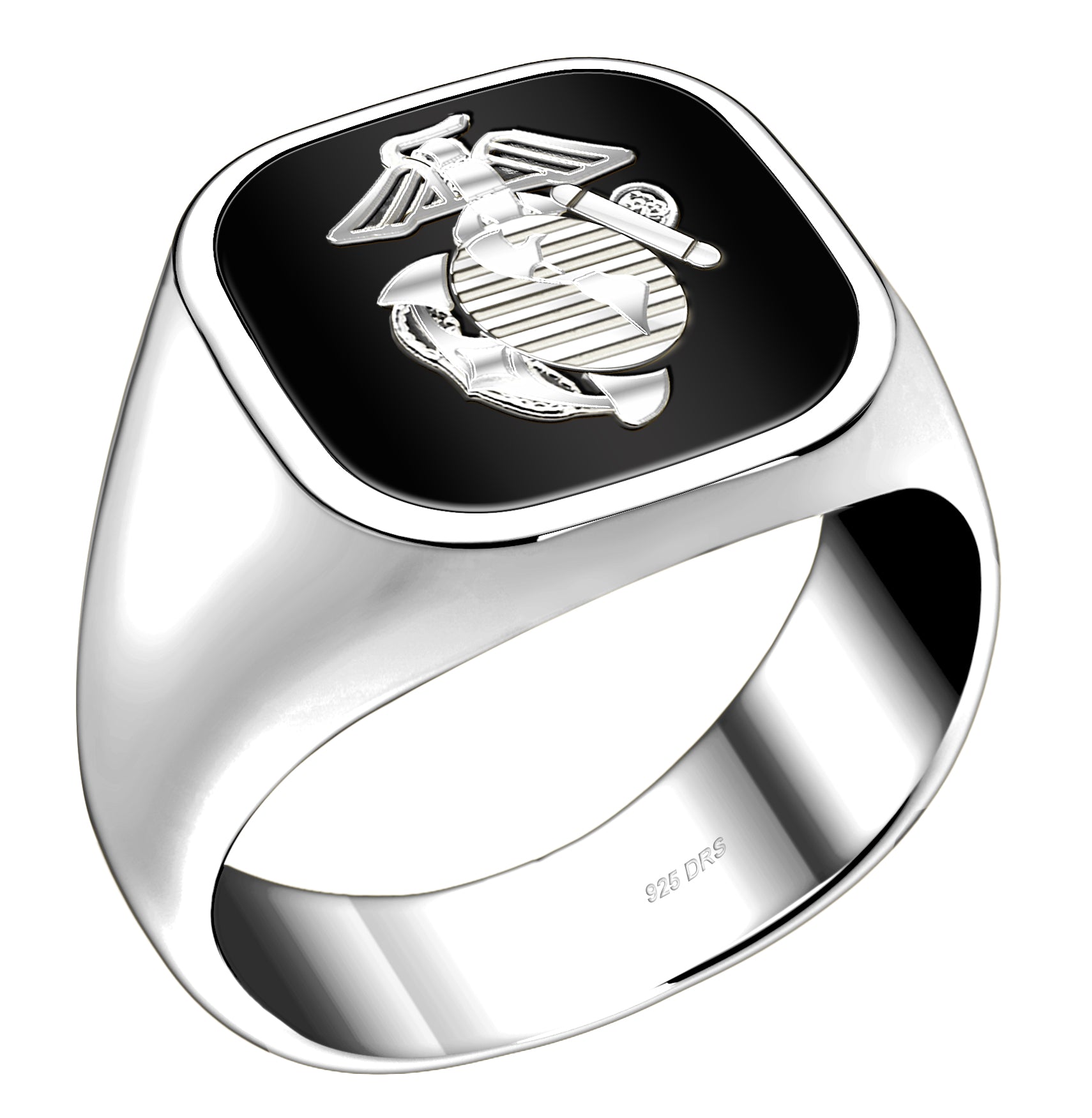 US Marine Corps Ring - Solid Back 0.925 Sterling Silver - black design
