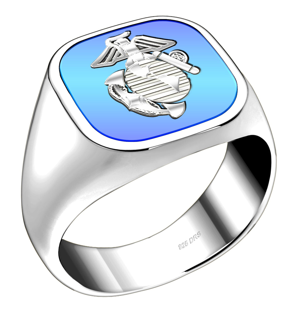 US Marine Corps Ring - Solid Back 0.925 Sterling Silver - Blue deisgn