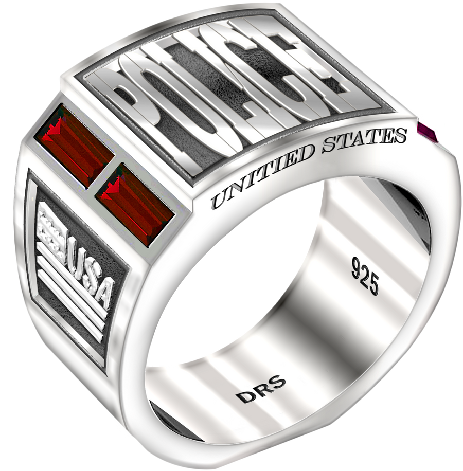 Men's 0.925 Sterling Silver Simulated Ruby Police Medical Ring