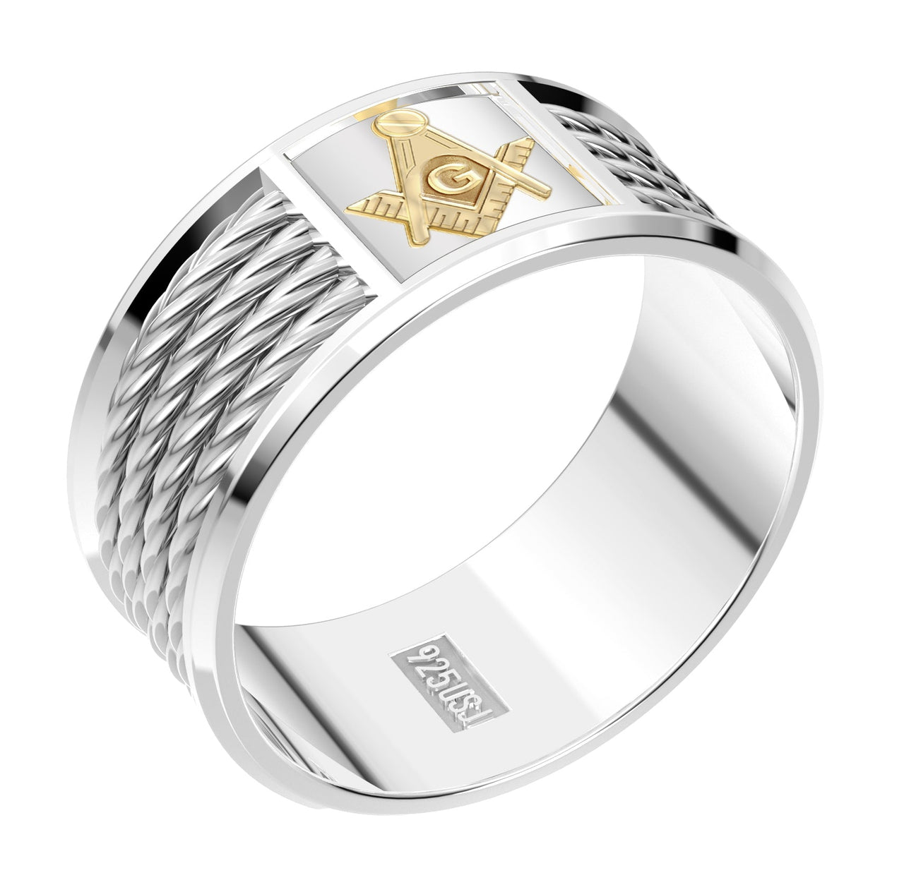 Men's 925 Sterling Silver & 14k 8mm Masonic Master Mason Ring