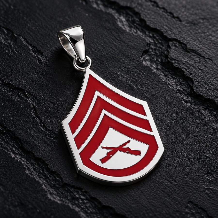 Marine Corps Staff Sergeant rank pendant in sterling silver and red enamel on dark stone