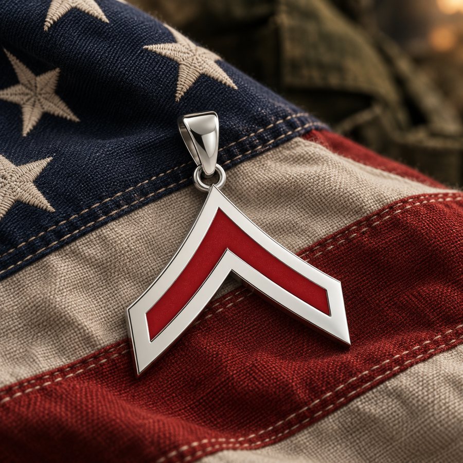 Marine Corps Private First Class rank pendant in sterling silver and red enamel on an American flag